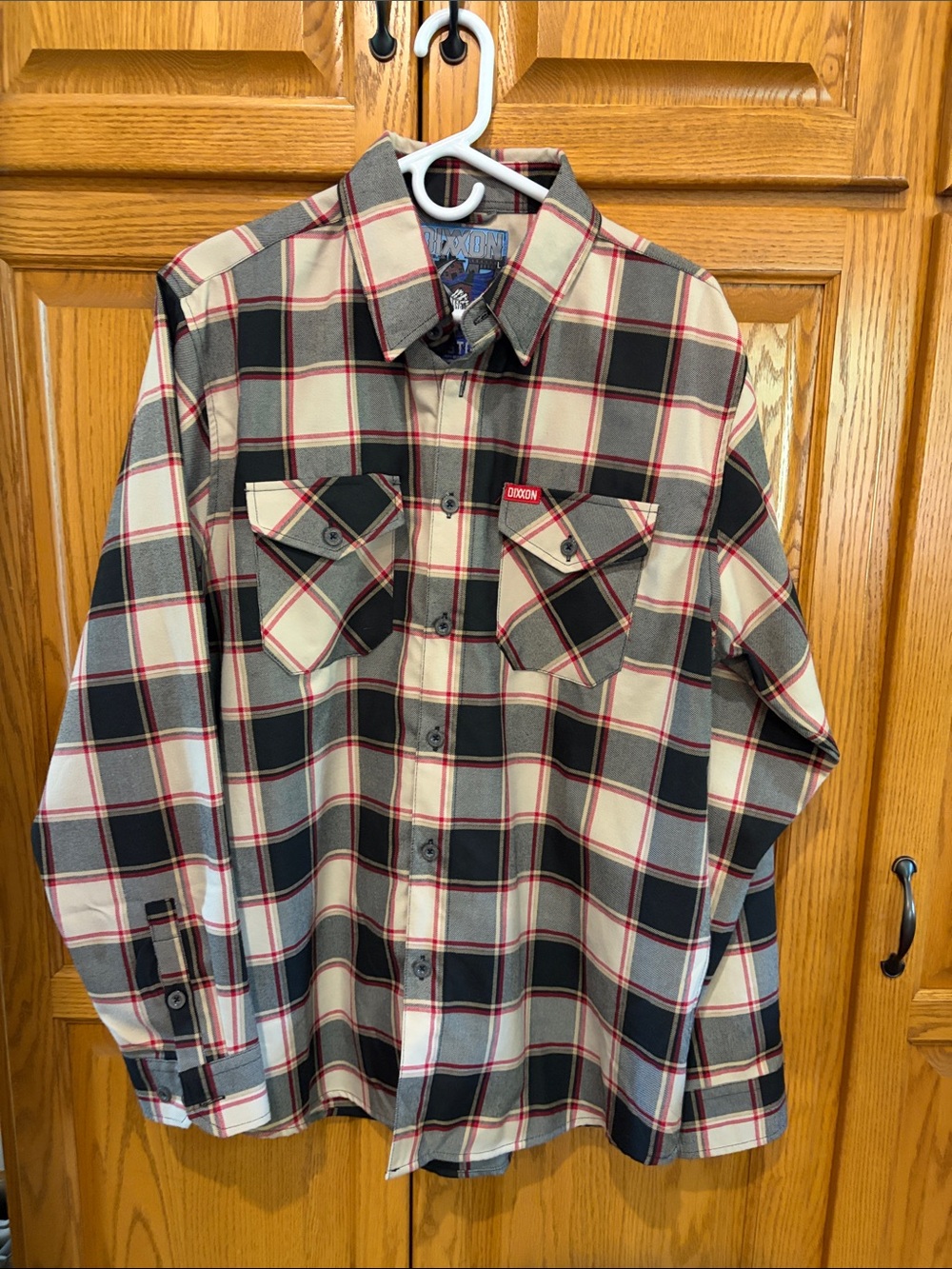 DIXXON Men’s Plaid Button-Down Shirt - Black, Gray & Cream with Red Accents